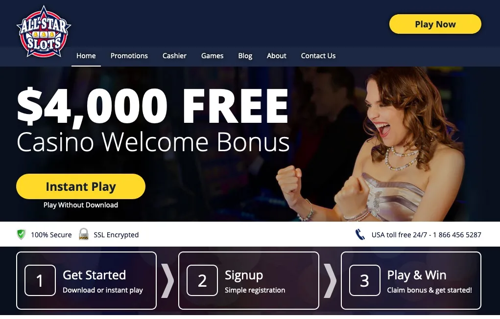 All Star Slots casino homepage showing the current welcome offer (US capture)