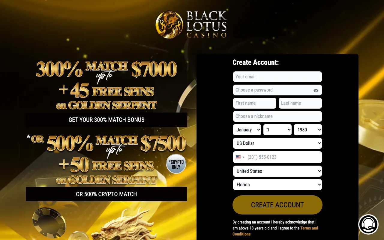 Black Lotus casino homepage showing the current welcome offer (US capture)