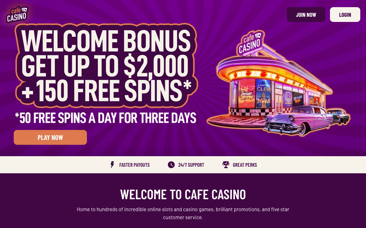 Cafe Casino casino homepage showing the current welcome offer (US capture)