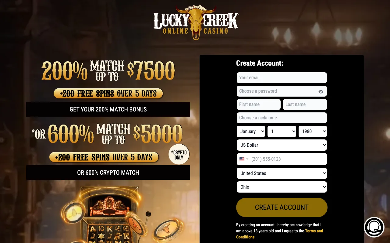 Lucky Creek casino homepage showing the current welcome offer (US capture)