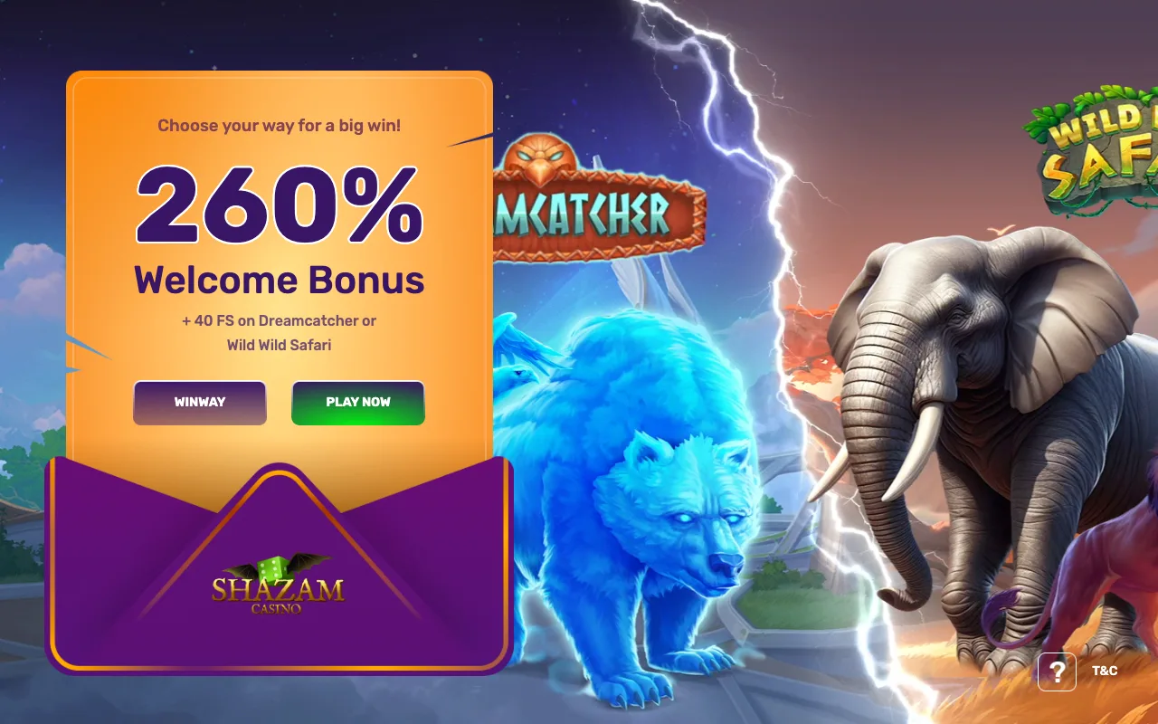Shazam casino homepage showing the current welcome offer (US capture)
