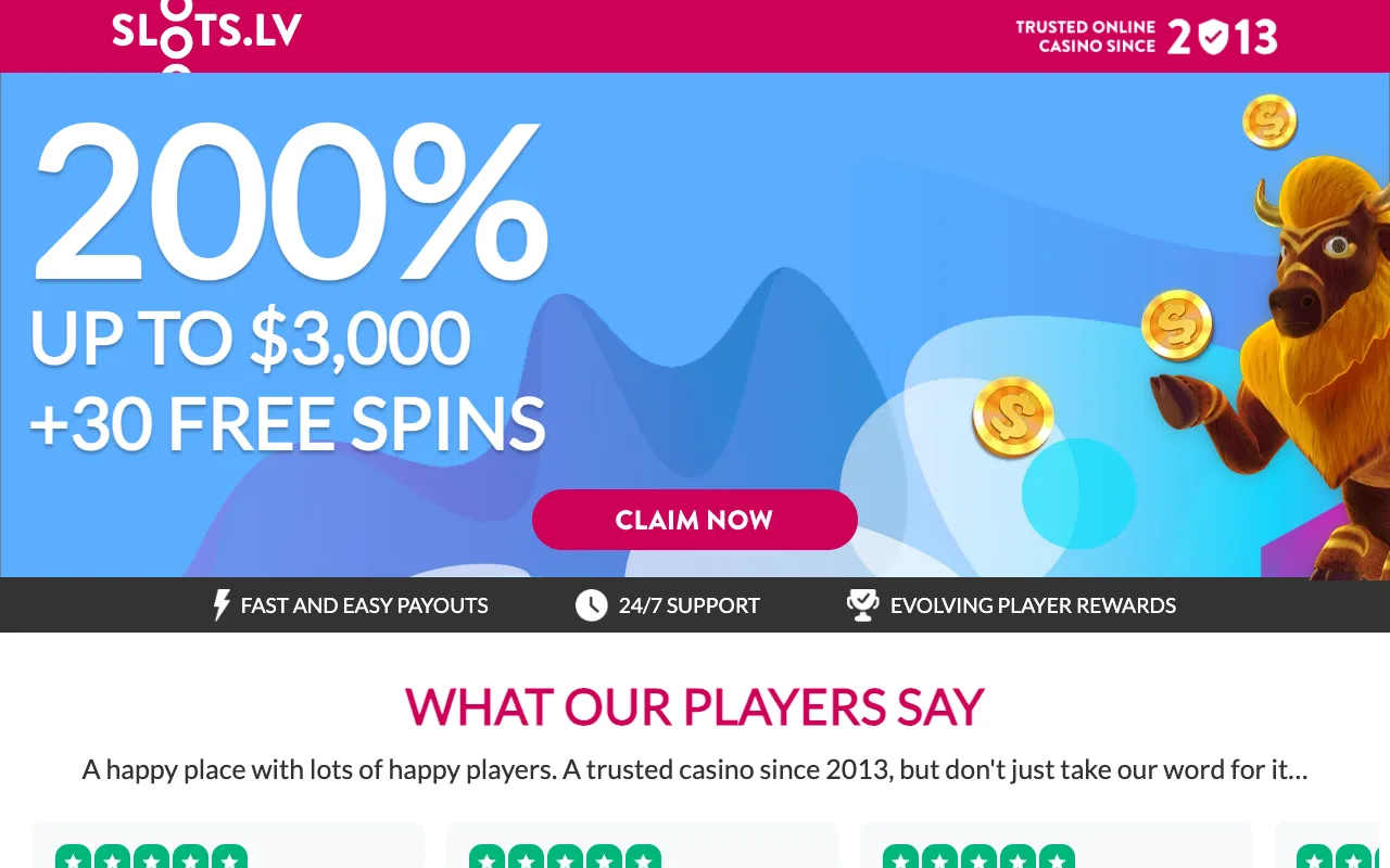 Slots.lv casino homepage showing the current welcome offer (US capture)