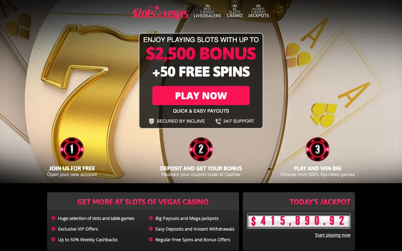 Slots of Vegas casino homepage showing the current welcome offer (US capture)