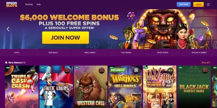 Super Slots casino homepage showing the current welcome offer (US capture)